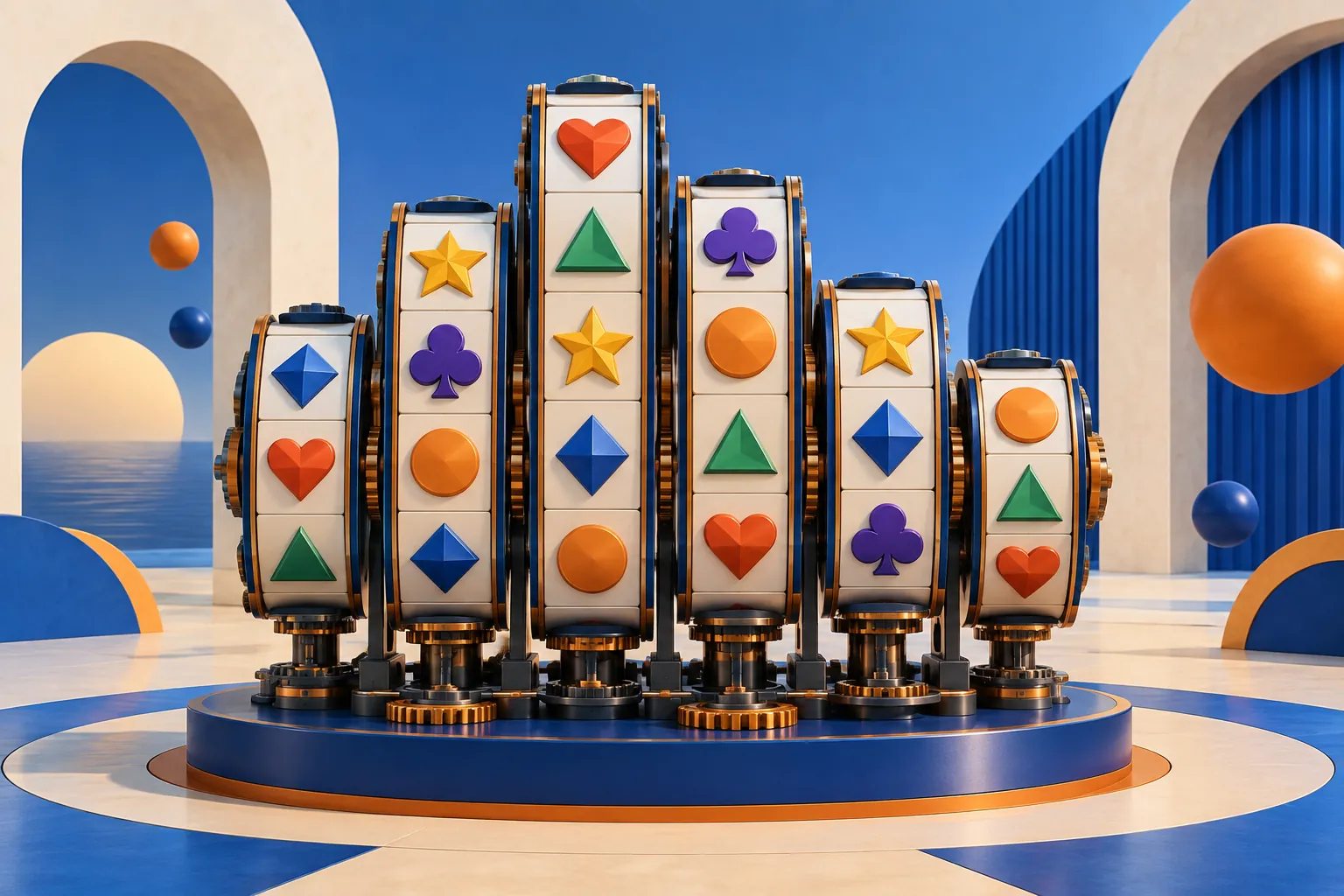 Six slot-reel columns of different heights with colored geometric symbols.