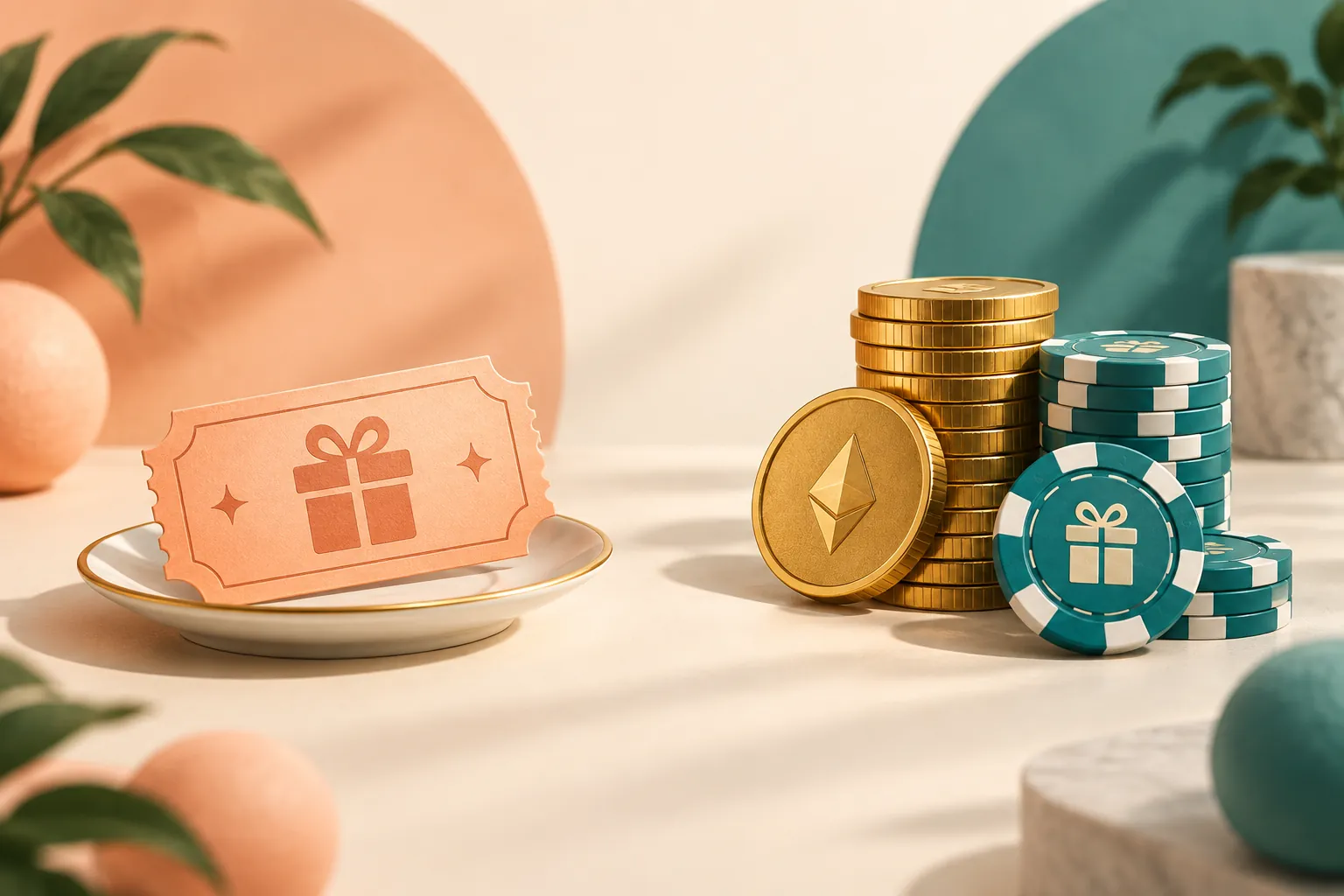 A complimentary ticket compared with a coin stack and matching bonus chips.