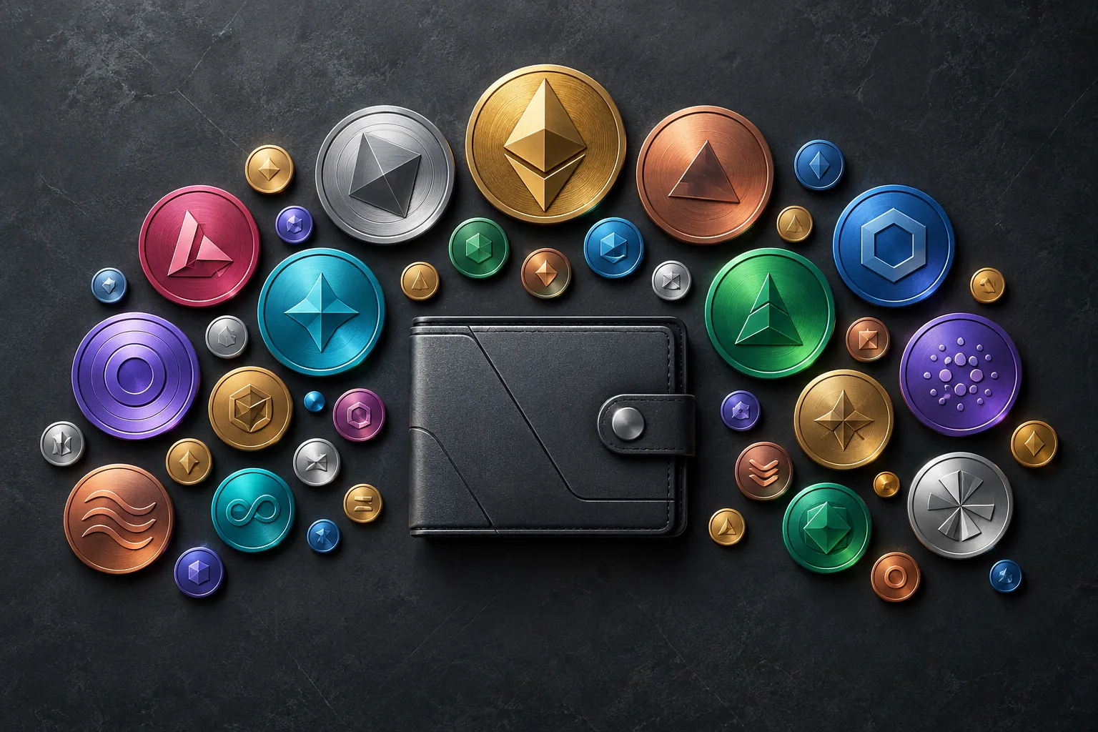 A fan of varied cryptocurrency tokens surrounding a graphite wallet.