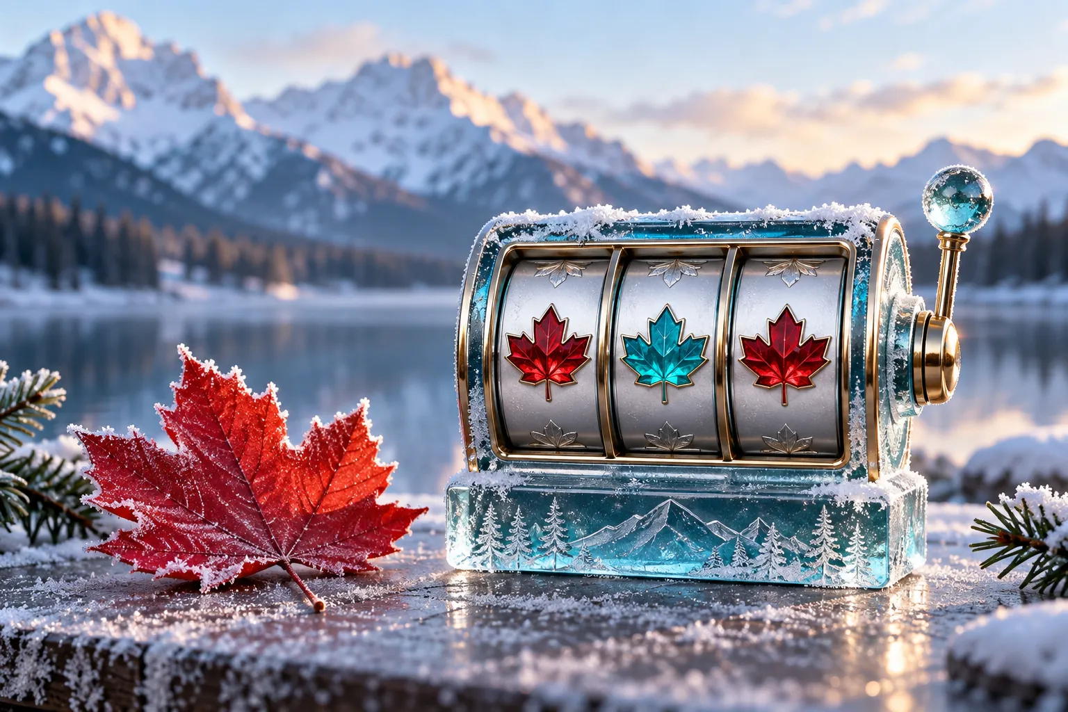 A small slot machine and red maple leaf beside a frosted lake.