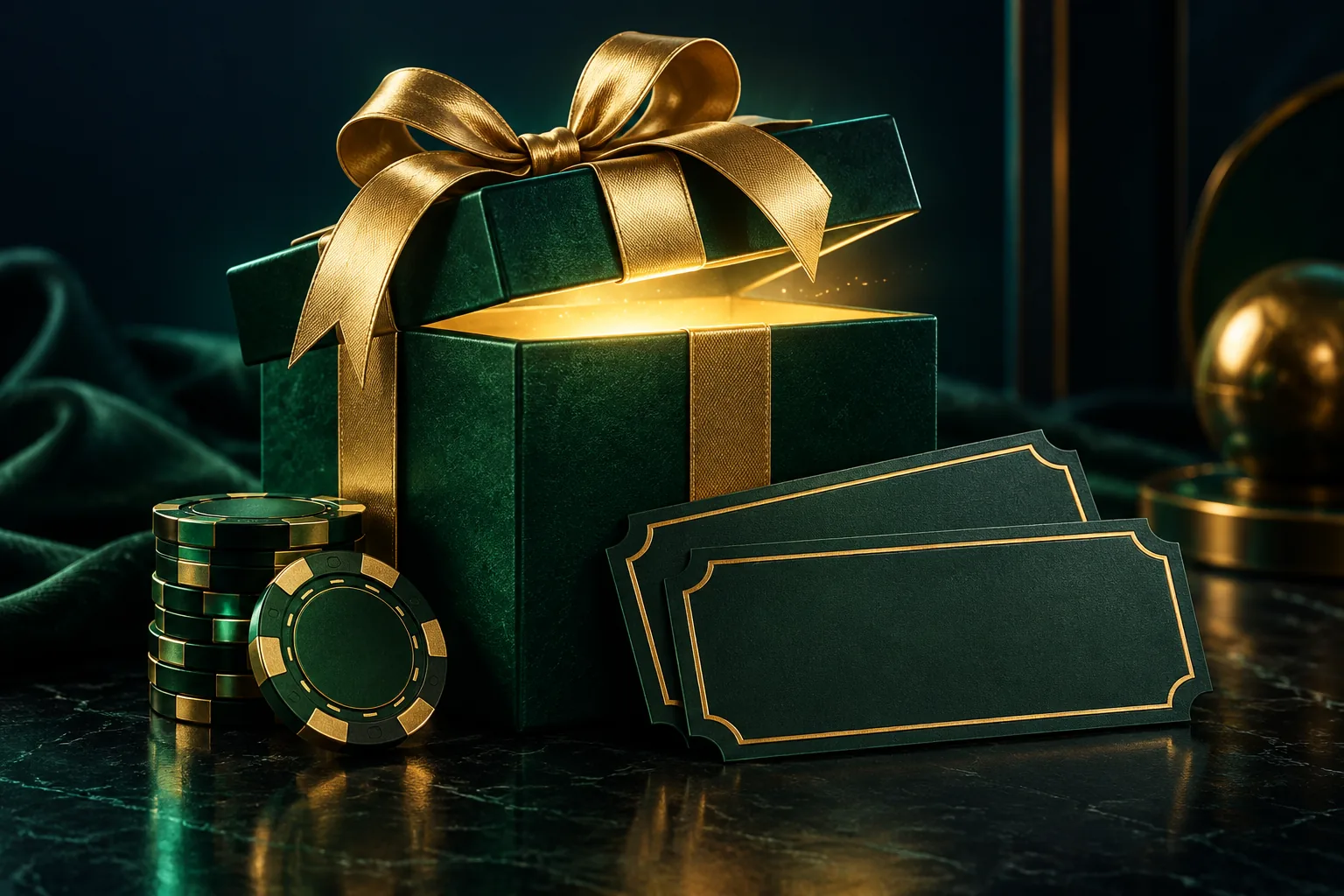 An emerald gift box with a gold ribbon, promotional vouchers and casino chips.