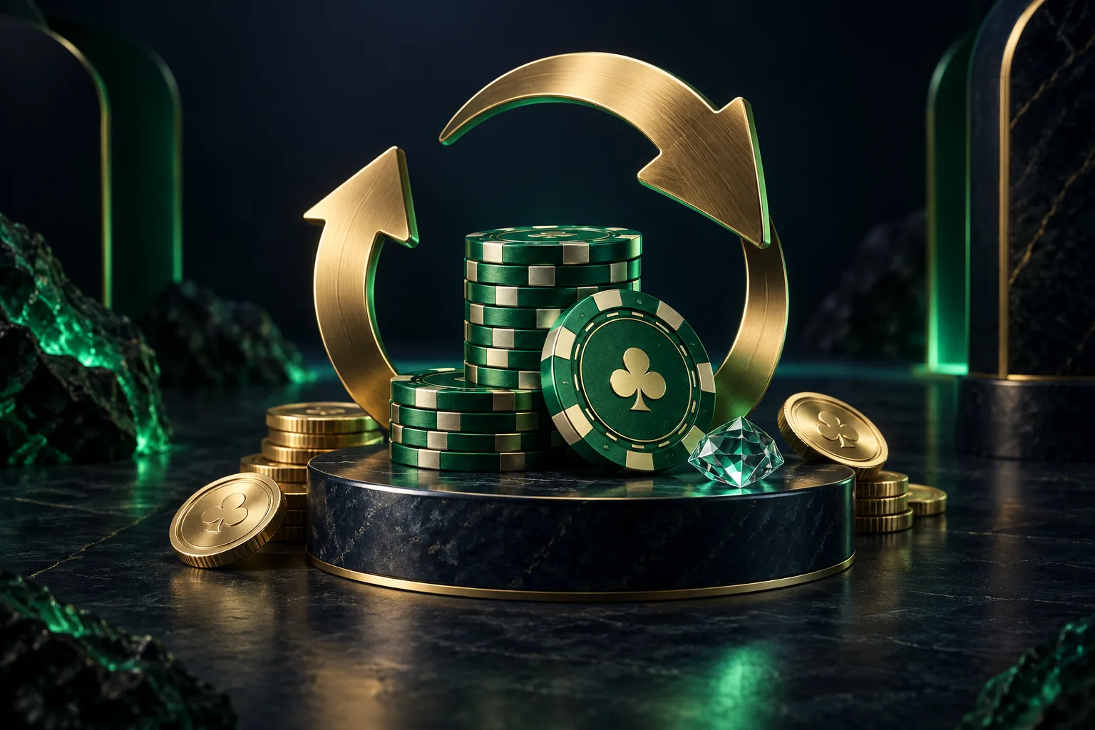 Gold return arrows surrounding emerald casino chips, coins and a glass diamond.