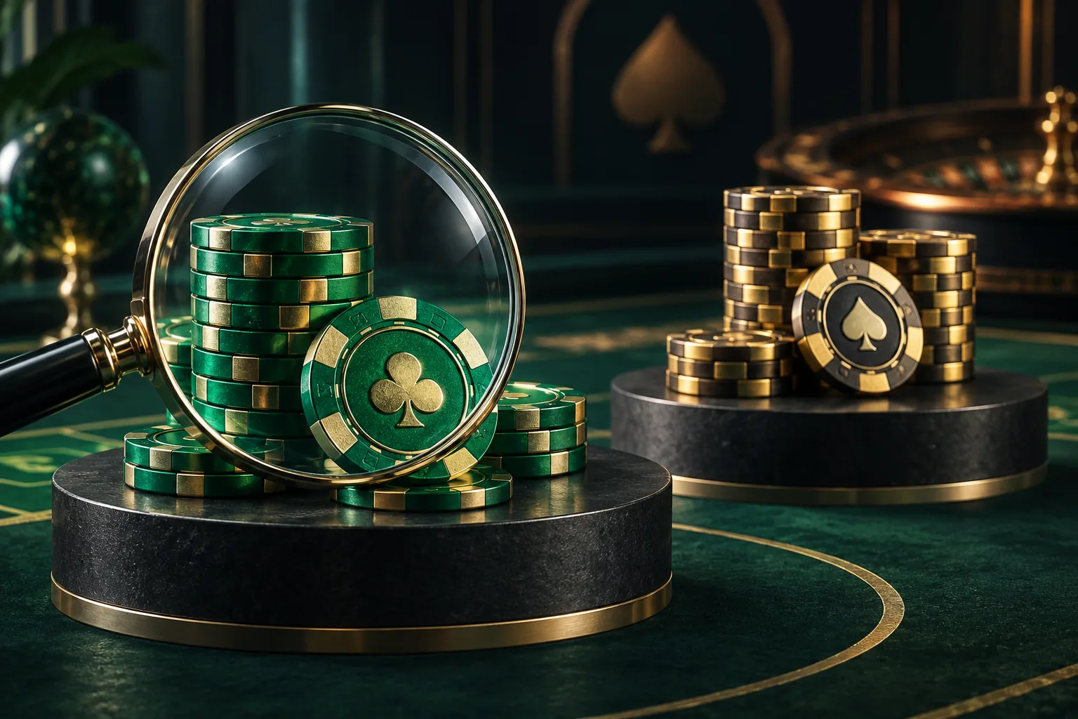 A magnifying glass inspecting two groups of casino chips on dark podiums.