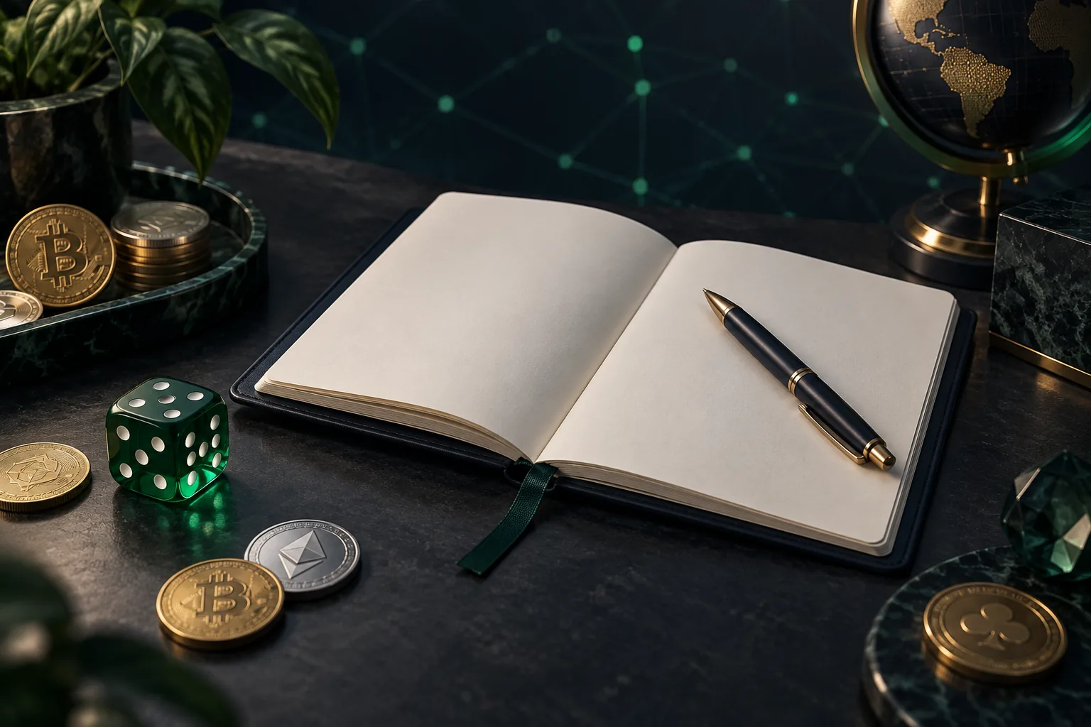 An open notebook, pen, emerald die and metallic coins on a dark desk.
