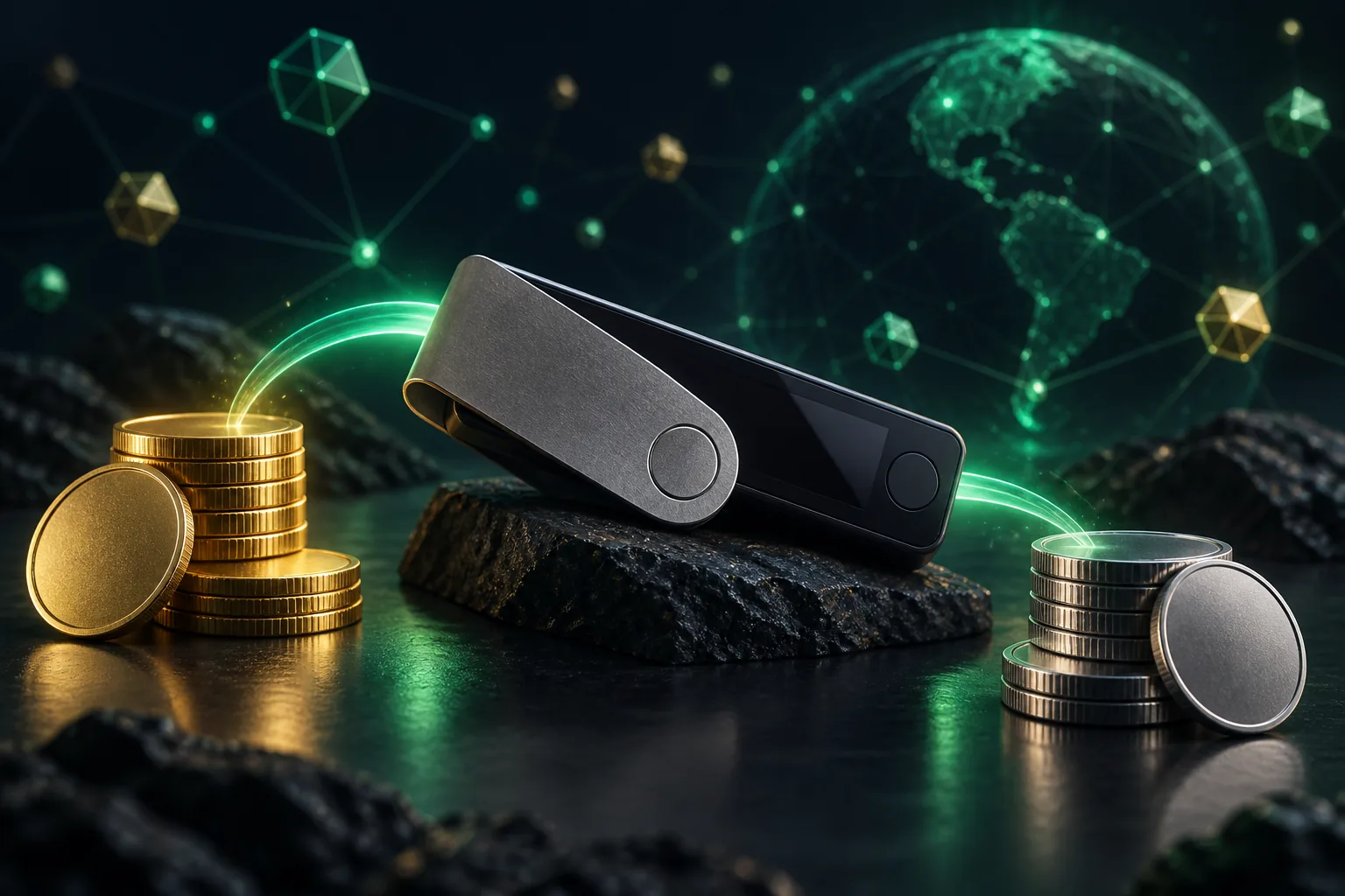 A hardware wallet and metallic coins connected by an emerald light trail.