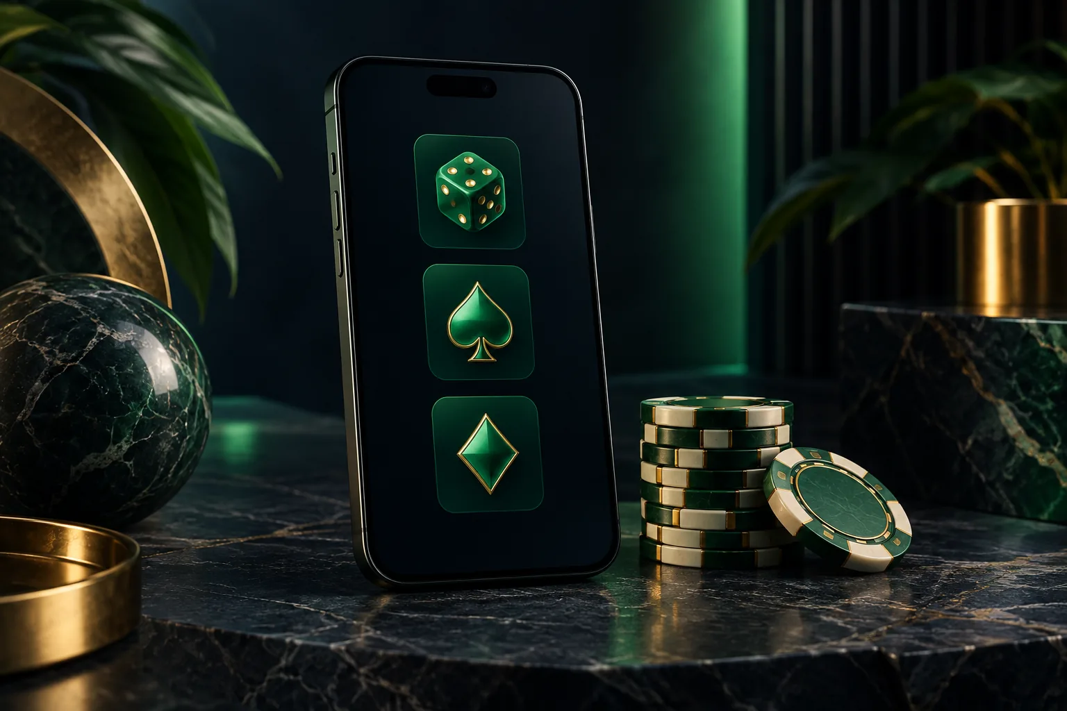 A smartphone displaying game symbols beside green and cream casino chips.
