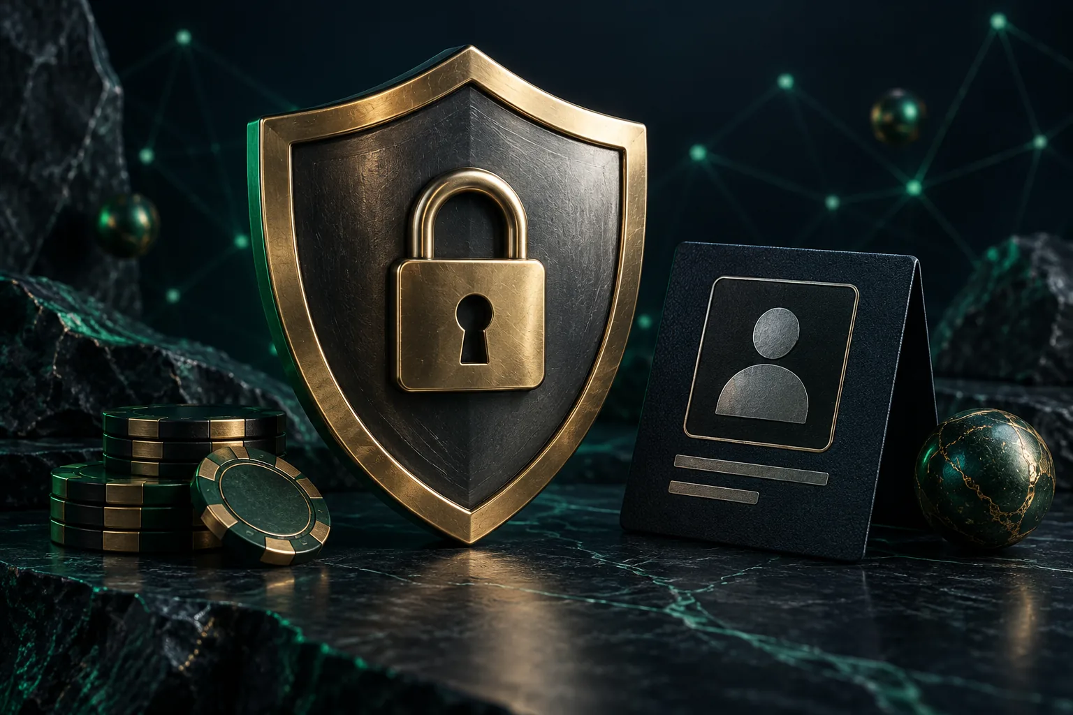 A metal shield and closed padlock beside an identity card on a dark surface.