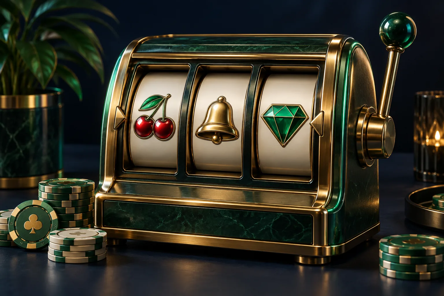 An emerald and brass slot machine with cherry, bell and diamond reel symbols.