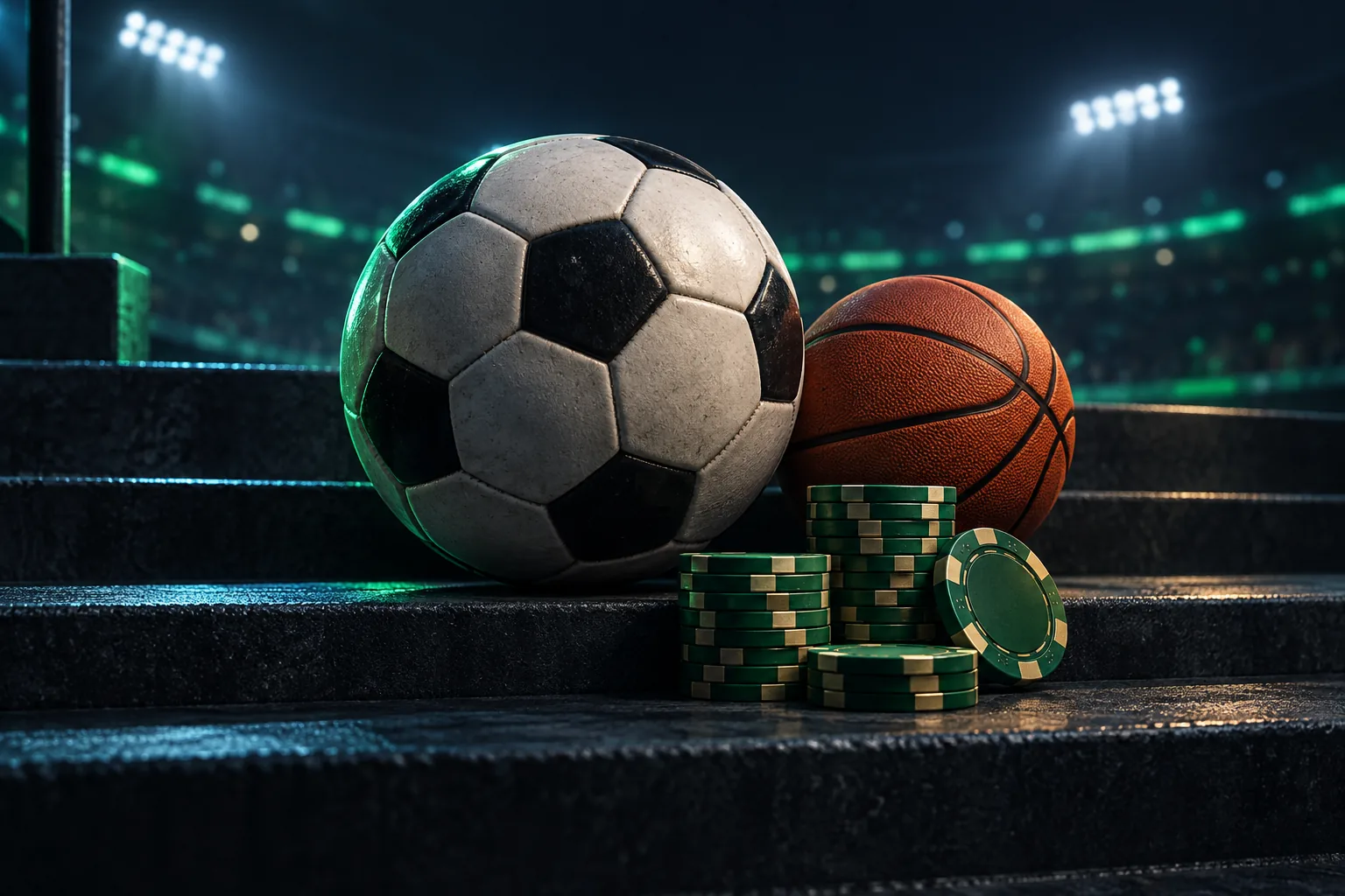 A football, basketball and emerald casino chips beneath stadium lights.
