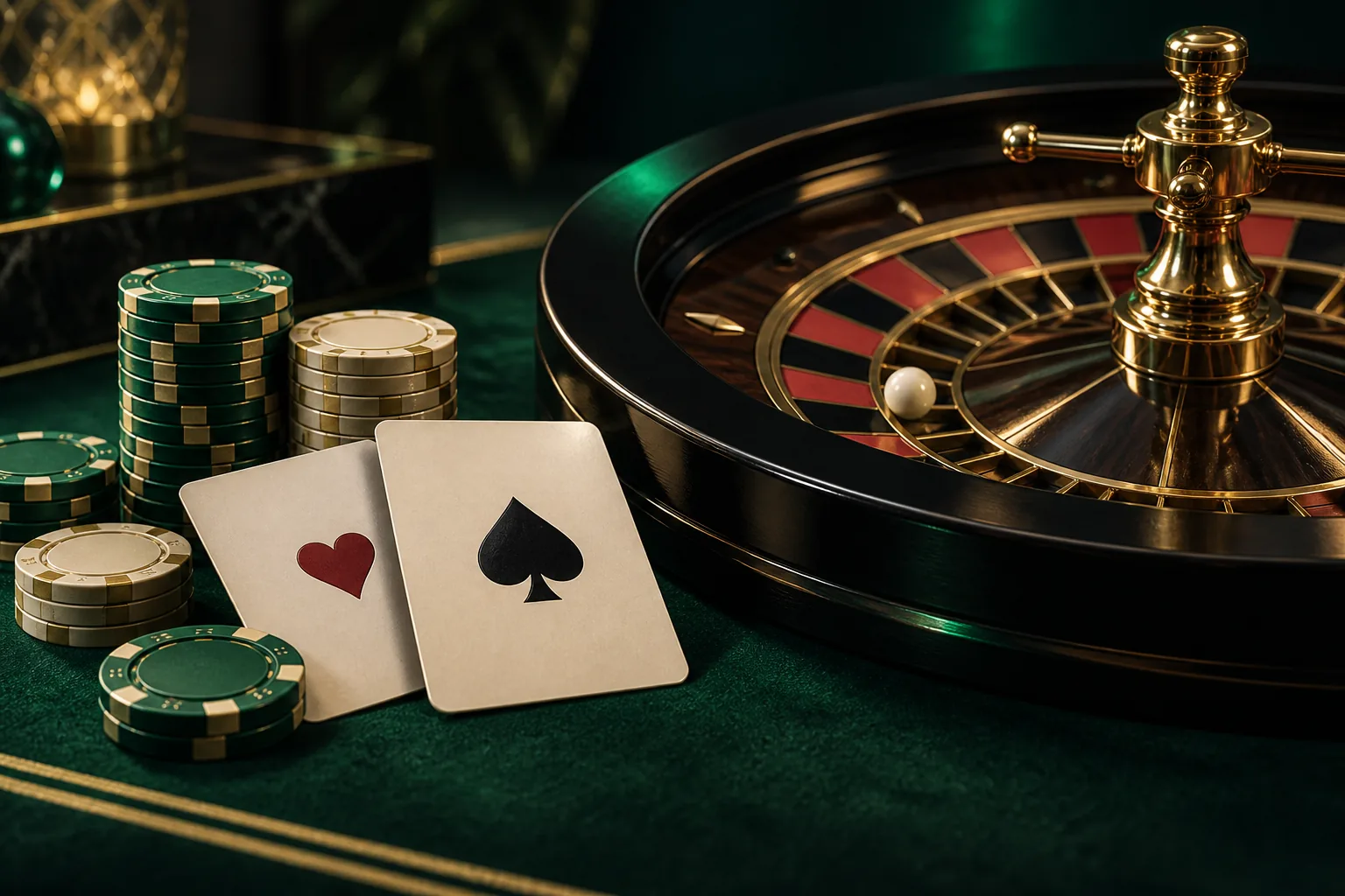 A roulette wheel, playing cards and stacks of casino chips on dark green felt.