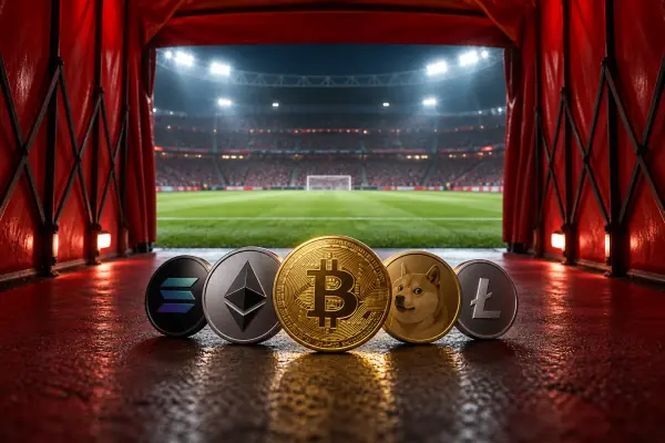 A red stadium tunnel with cryptocurrency coins in the foreground.