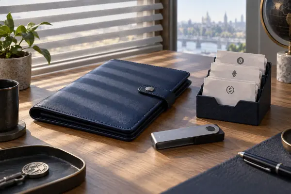 A wallet and transaction slips beside a closed document folio in window light.