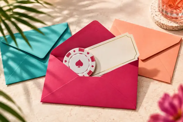 Colored promotional envelopes containing a chip and blank voucher.