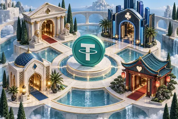 Four miniature casino entrance arches surrounding a teal coin.