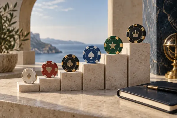 Casino chips on stepped stone displays beside a review notebook.