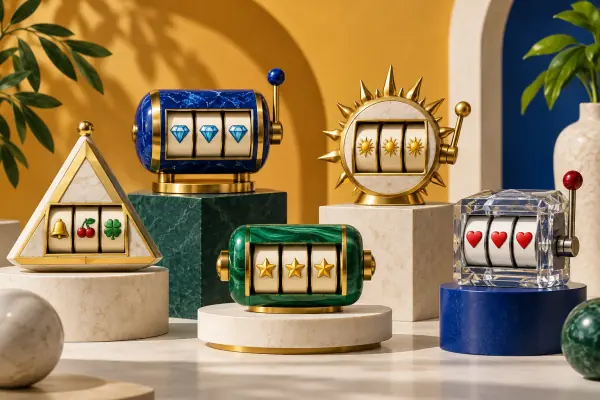Five distinct miniature slot-reel designs arranged as a curated display.