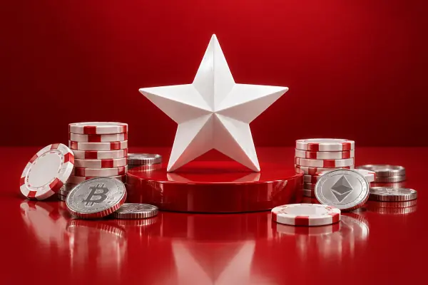 A white sculptural star above chips and coins on a red platform.