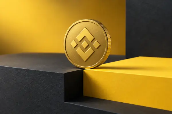 A diamond-marked gold coin on interlocking yellow and charcoal blocks.