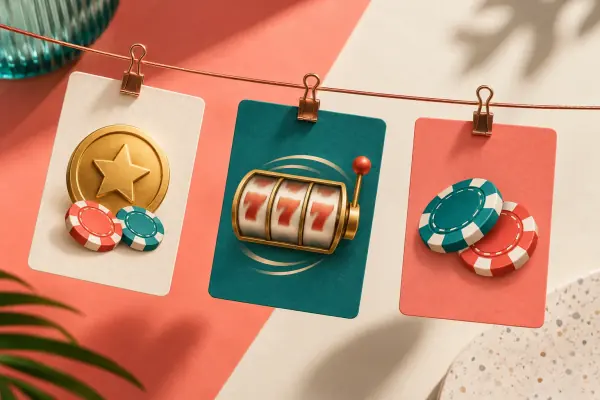 Three bonus vouchers marked with coin, reel and paired-chip symbols.