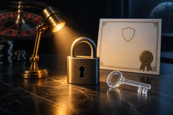 An inspection lamp illuminating a lock, key and blank certificate.