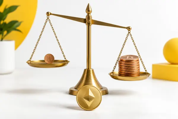 Small and large coin amounts compared on a precision balance scale.