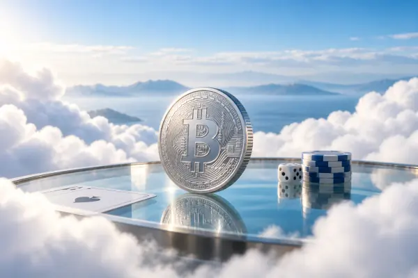 A glass casino table and silver coin surrounded by soft clouds.