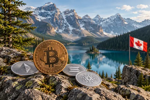 Cryptocurrency coins beside a Canadian mountain lake.