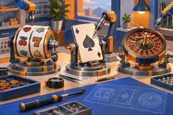 Tools and modular parts for reels, playing cards and a roulette disc.