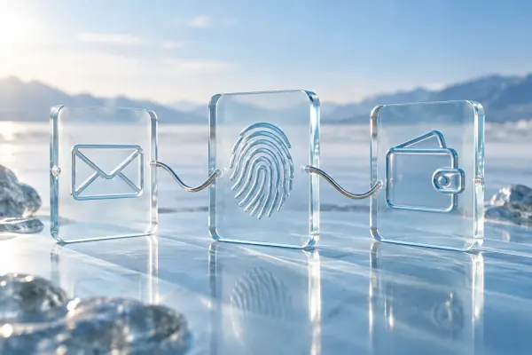 Glass panels representing registration, identity checks and a wallet.
