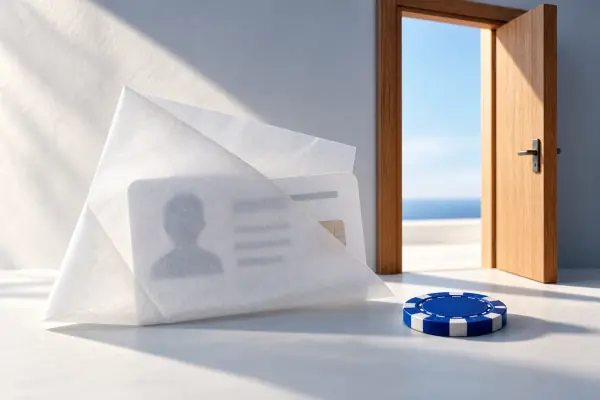A translucent sheet covering an identity card beside a miniature doorway.