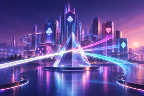 A translucent casino skyline and a prism splitting light into multiple paths.