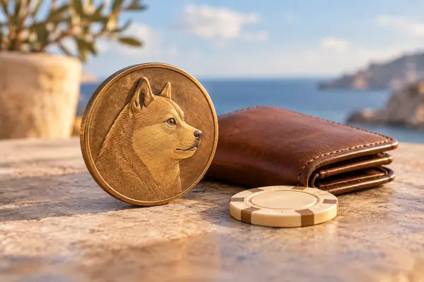 A bronze dog-emblem coin beside a folded wallet and cream chip.