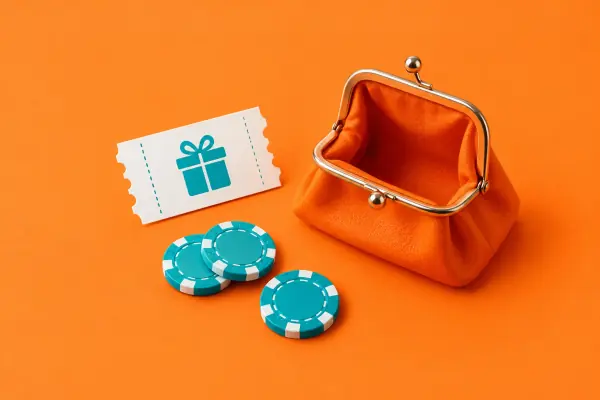 An open purse beside a complimentary voucher and turquoise chips.