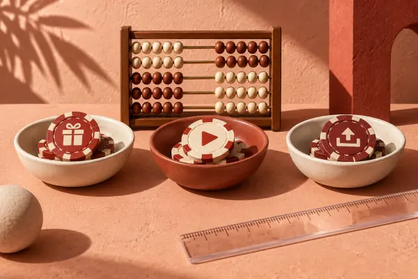 An abacus and chips sorted into ceramic bowls beside a ruler.
