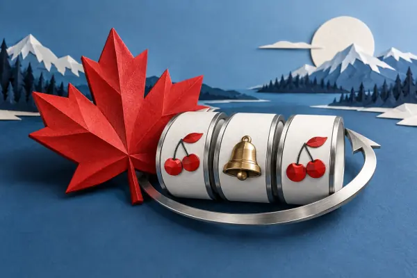 A maple leaf and three reel discs surrounded by a curved silver arrow.