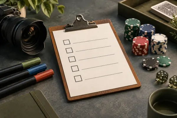 A review clipboard and camera lens beside sorted casino chips.