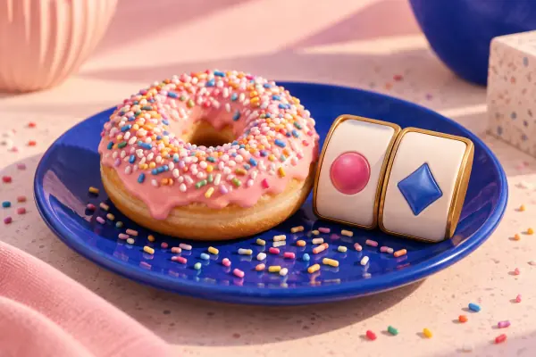A sprinkle-covered doughnut and blank reel tiles beside a cobalt plate.