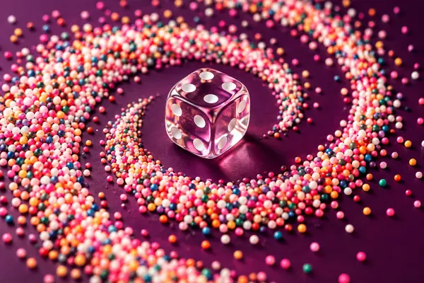 Colorful sugar sprinkles spiraling around a clear glass die.
