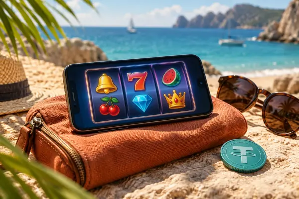 A phone showing colorful reels beside sunglasses and a travel pouch.