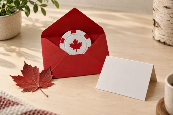 A red envelope with a casino token, maple leaf and folded terms sheet.