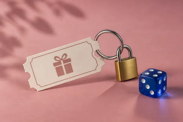 A complimentary ticket, small padlock and blue die representing bonus conditions.
