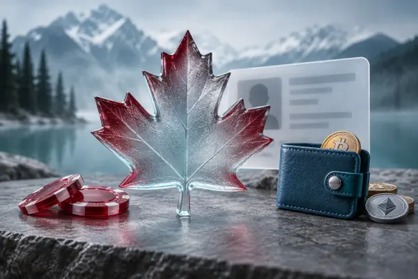 A glass maple leaf in front of an obscured identity card and small wallet.