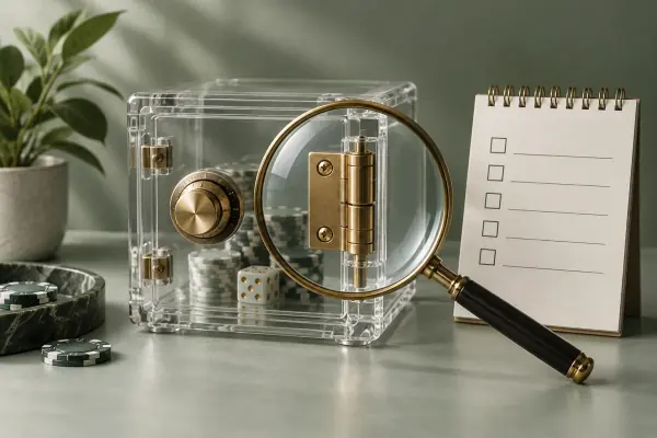 A magnifying glass inspecting a clear safe beside a blank checklist.