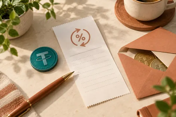 A receipt, teal token and envelope holding returned coins on a cream desk.