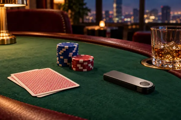 Playing cards, poker chips and a hardware wallet on green felt.