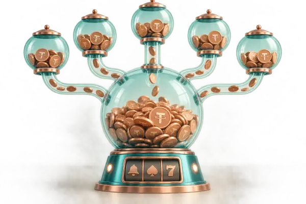 Small coin reservoirs connected to a larger central glass vessel.