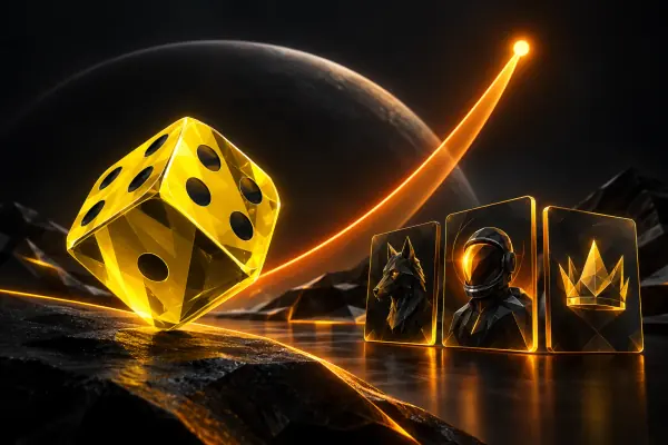 A yellow die, abstract flight arc and geometric collectible tiles.