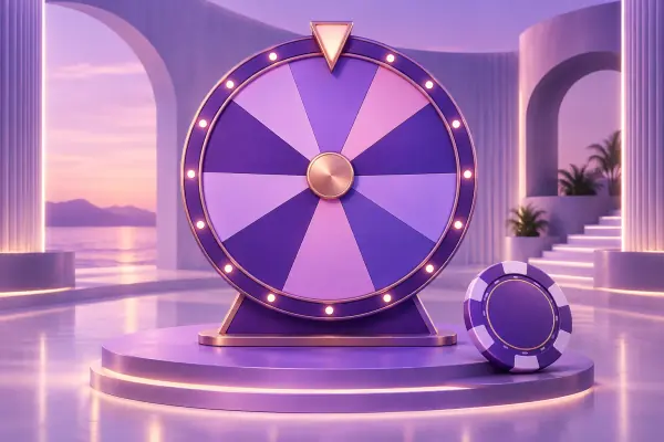 A purple prize wheel with geometric segments on a lilac stage.