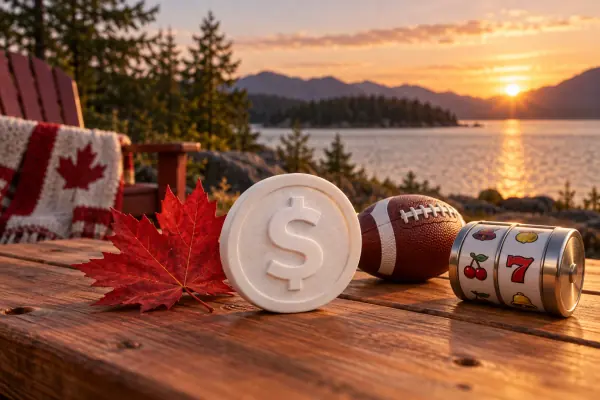 A dollar coin, maple leaf, football and reel cylinder on a cedar table.