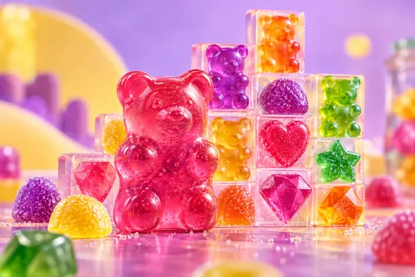 Gummy bears and sugar candies arranged in a stepped grid.